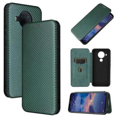 Para Nokia 5.4 Carcasa de cuero con tapa magnética horizontal con textura de fibra de carbono TPU + PC + PU con ranura para tarjeta (verde)