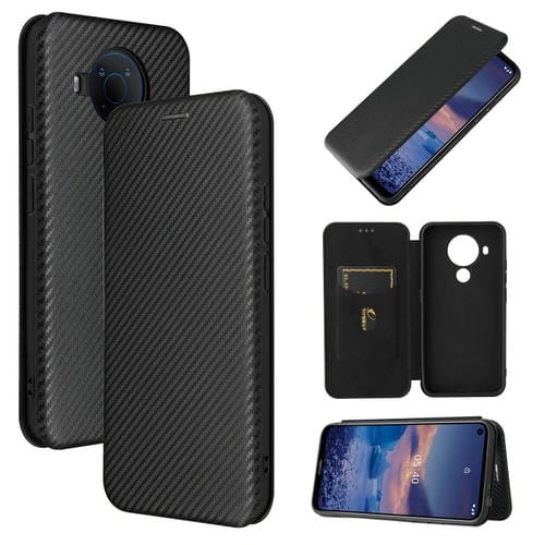 Para Nokia 5.4 Funda de cuero con tapa magnética horizontal con textura de fibra de carbono TPU + PC + PU con ranura para tarjeta (Negro)