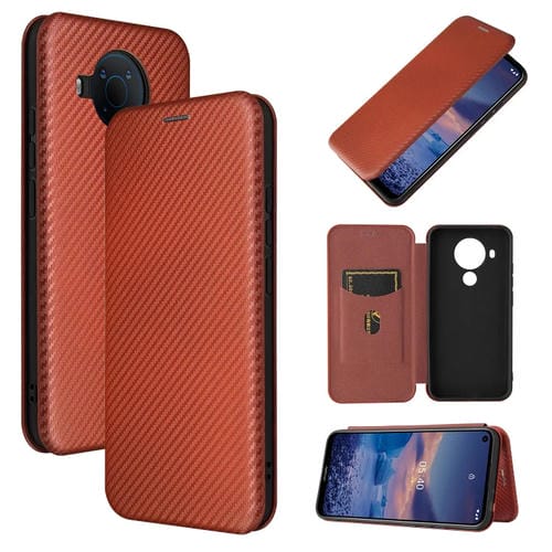 Para Nokia 5.4 Carcasa de cuero con tapa horizontal magnética con textura de fibra de carbono TPU + PC + PU con ranura para tarjeta (marrón)