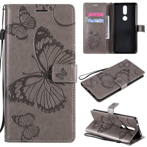 Para Nokia 2.4 3D Mariposas en relieve Patrón Horizontal Flip Funda de cuero con soporte, ranura para tarjeta y billetera (gris)