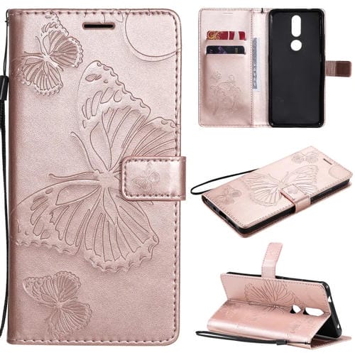 Para Nokia 2.4 3D Mariposas en relieve Patrón Funda de cuero con tapa horizontal con soporte, ranura para tarjeta y billetera (oro rosa)