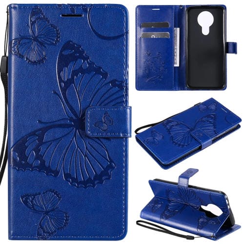 Para Nokia 3.4 3D Mariposas en relieve Patrón Horizontal Flip Funda de cuero con soporte, ranura para tarjeta y billetera (azul)