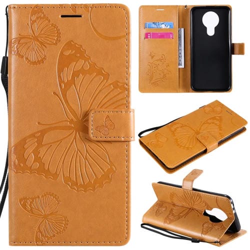 Para Nokia 3.4 3D Mariposas en relieve Patrón Horizontal Flip Funda de cuero con soporte, ranura para tarjeta y billetera (amarillo)
