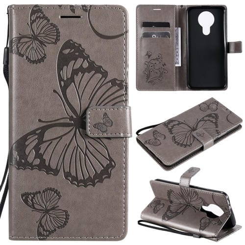 Para Nokia 3.4 Estuche de cuero con tapa horizontal con estampado de mariposas en 3D con soporte, ranura para tarjeta y billetera (gris)