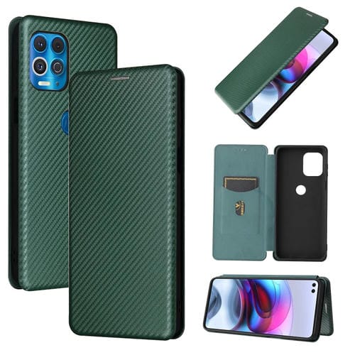 Para Motorola Edge S Fibra de carbono Textura Magnética Horizontal Flip TPU + PC + Funda de cuero PU con ranura para tarjeta (verde)