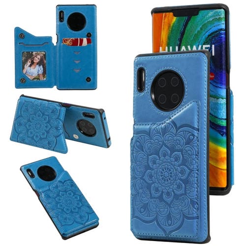 Para Huawei Mate 30 PRO Flower Patrón de estampado de estampado de impermeable con soporte y ranuras para tarjetas y marco de fotos (azul)