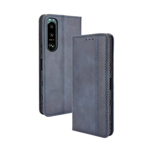 Para Sony Xperia 5 III Hebilla magnética Retro Crazy Horse Texture Horizontal Flip Funda con soporte y ranuras para tarjetas y marco de fotos (azul)