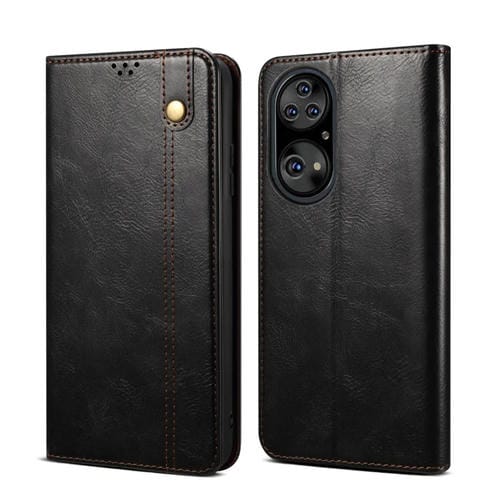 Para Huawei P50 Simple Wax Crazy Horse Texture Horizontal Flip Funda de cuero con ranuras y soporte para tarjetas (Negro)
