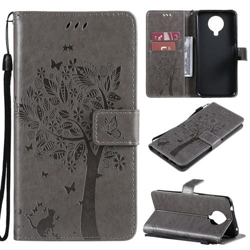 Para Nokia 6.3 Patrón de árbol y gato Impresión prensada Funda de cuero Horizontal Flip PU con soporte y tragamonedas y billetera y cordón (gris)