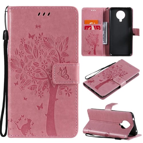 Para Nokia 6.3 Patrón de árbol y gato Impresión prensada Funda de cuero Horizontal Flip PU con soporte y tragamonedas de tarjetas y billetera y cordón (rosa)