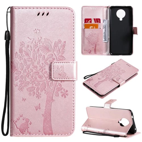 Para Nokia 6.3 Patrón de árbol y gato Impresión prensada Funda de cuero Horizontal Flip PU con soporte y tragamonedas de tarjetas y billetera y cordón (oro rosa)