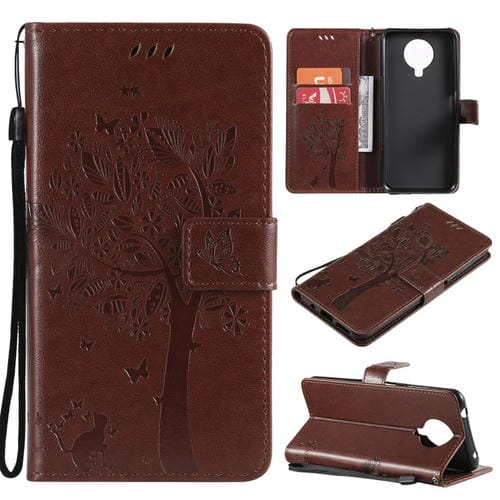 Para Nokia 6.3 Patrón de árbol y gato Impresión prensada Funda de cuero Horizontal Flip PU con soporte y tragamonedas de tarjetas y billetera y cordón (café)