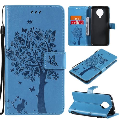 Para Nokia G10 Árbol y gato Patrón de impresión prensado Funda de cuero PU de la PU con soporte y tragamonedas y billetera y cordón (azul)