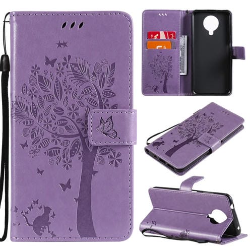 Para Nokia G10 Tree & Cat Pattern Presión prensada Funda de cuero Horizontal Flip PU con soporte y ranuras para tarjetas y Billetera y cordón (lavanda)