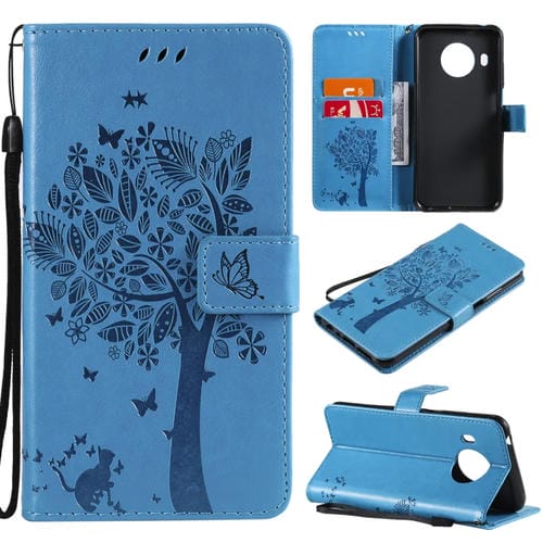 Para Nokia X10 Árbol y gato Patrón de impresión prensado Funda de cuero PU de la PU con soporte y ranuras para tarjetas y cordón (azul)