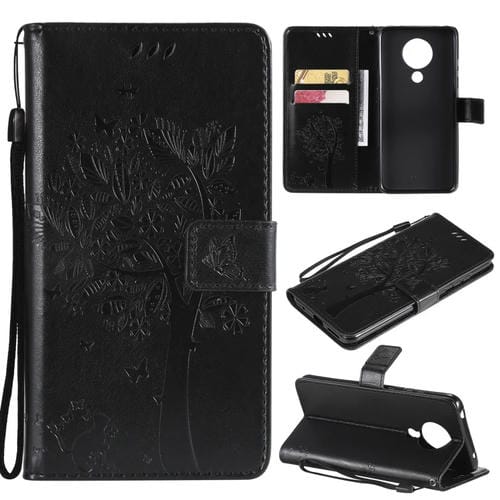 Para Nokia 5.3 Patrón de árbol y gato Impresión prensada Funda de cuero Horizontal Flip PU con soporte y tragamonedas y billetera y cordón (negro)