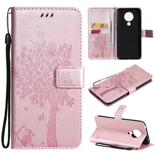 Para Nokia 5.3 Patrón de árbol y gato Impresión prensada Funda de cuero Horizontal Flip PU con soporte y ranuras para tarjetas y billetera y cordón (oro rosa)