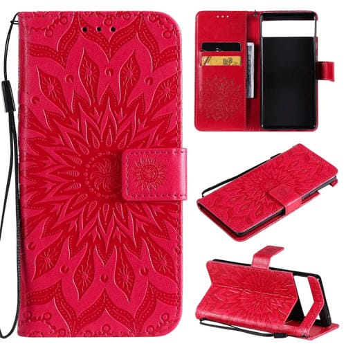 Para Google Pixel 6 Pro Sun Sun Pattern Horizontal Flip Funda de cuero con ranura para tarjeta y soporte y cartera y cordón (rojo)