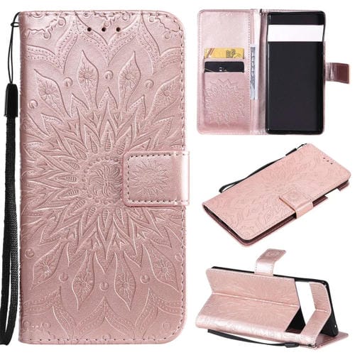 Para Google Pixel 6 Sun Pattern Horizontal Flip Funda de cuero con ranura para tarjeta y soporte y cartera y cordón (oro rosa)