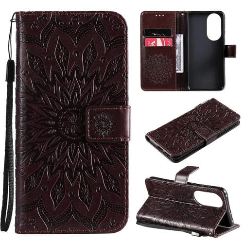 Para Huawei P50 Sun Pattern Horizontal Flip Funda de cuero con ranura para tarjeta y soporte y billetera y cordón (marrón)