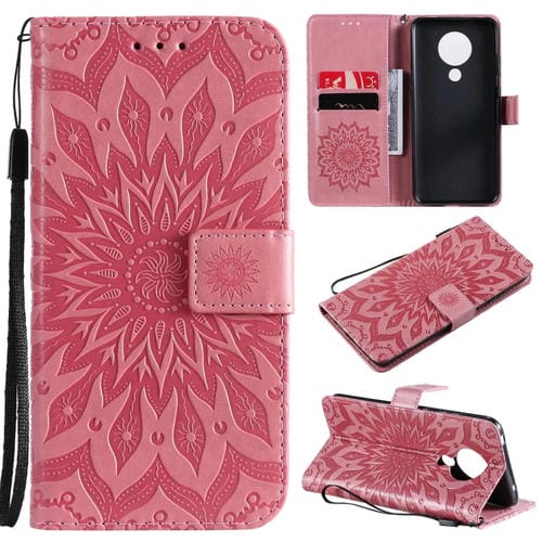 Para Nokia 5.3 Patrón de estampado en estampado de sol Horizontal Flip Funda con ranura para tarjeta y soporte y cartera y cordón (rosa)