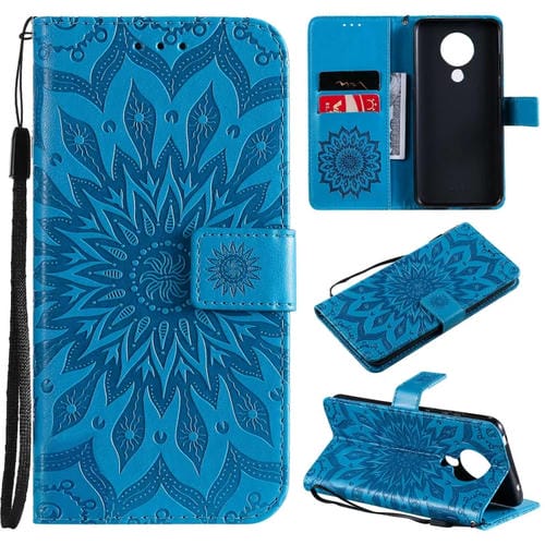 Para Nokia 5.3 Sun Pattern Horizontal Flip Funda de cuero con ranura para tarjeta y soporte y billetera y cordón (azul)