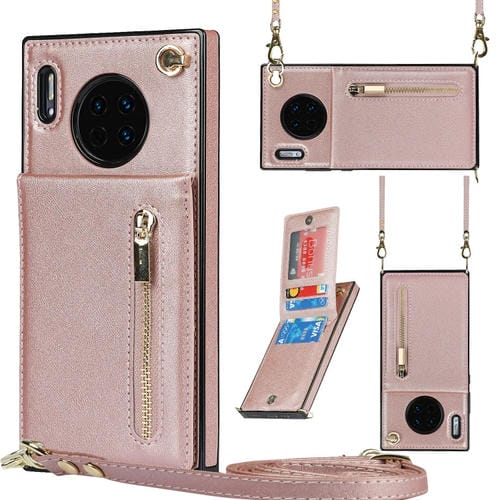 Para Huawei Mate 30 Cremallera Cross-Body Square TPU + PU Funda trasera con soporte y tragamonedas y billetera y correa (oro rosa)
