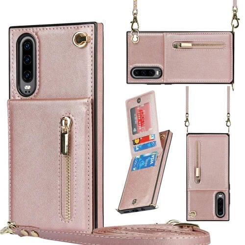 Para Huawei P30 Cross-Body Zipper Square TPU + PU Funda trasera con soporte y tragamonedas de tarjetas y billetera y correa (oro rosa)