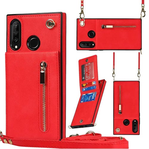 Para Huawei P30 Lite Cruz Cross-Body Square TPU + PU Funda trasera con soporte y ranuras para tarjetas y billetera y correa (rojo)