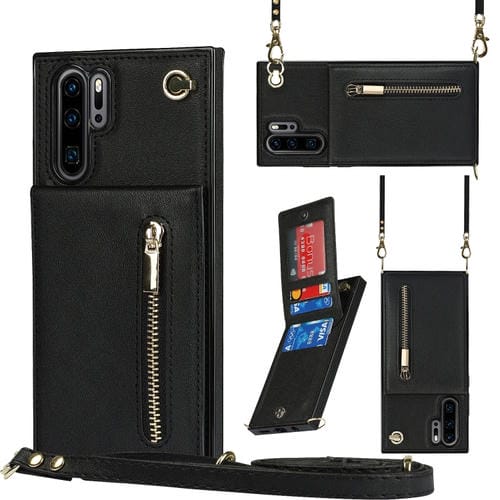 Para Huawei P30 Pro Cross-Body Zipper Square TPU + PU Funda trasera con soporte y tragamonedas y billetera y correa (Negro)