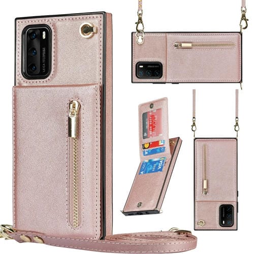 Para Huawei P40 PRO CRASS-CHERPER CHEPTPER SQUARE TPU + PU Funda trasera con soporte y tragamonedas y billetera y correa (oro rosa)