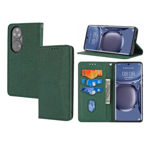 Para Huawei P50 Textura Textura Magnética Horizontal Flip PU Funda de cuero con soporte y ranuras para tarjetas y Correa y cordón (verde)