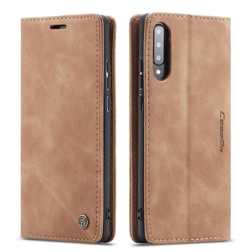 Estuche de cuero Caseme-013 para Galaxy A70S con tapa horizontal multifuncional ranura para tarjeta soporte y billetera (Marrón)