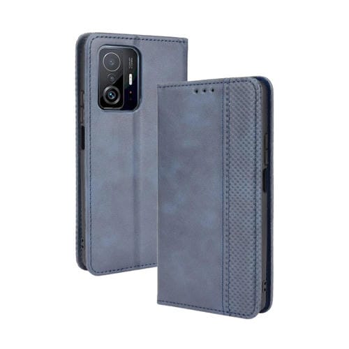 Para Xiaomi MI 11T / 11T Pro Magnetic Hebilla Retro Crazy Horse Texture Horizontal Flip Funda de cuero con soporte y ranuras para tarjetas y marco de fotos (azul)