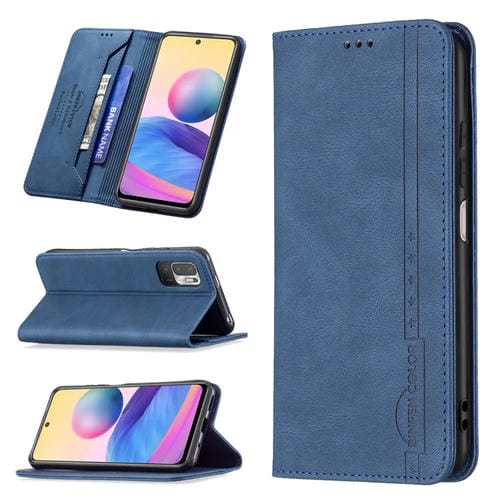 Para Xiaomi Poco M3 PRO / REDMI NOTA 10 5G / NOTA 10T 5G Funda de cuero antirrobo de bloqueo de RFID magnético con soporte y ranuras para tarjetas (azul)