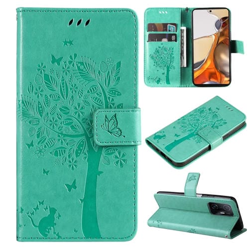 Para Xiaomi 11T / 11T Pro Tree & Cat Pattern Horizontal Flip PU Funda de cuero con soporte y tragamonedas de tarjetas y billetera y cordón (verde)