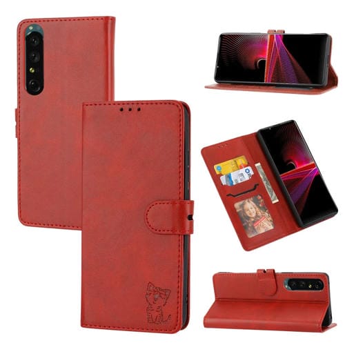 Estuche de Cuero para Sony Xperia 1 IV con Patrón de Gato Feliz (Rojo)