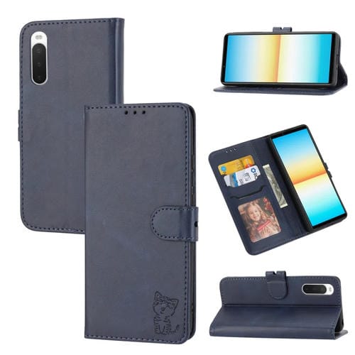 Estuche de Cuero para Sony Xperia 10 IV con Patrón de Gato Feliz en Relieve (Azul)