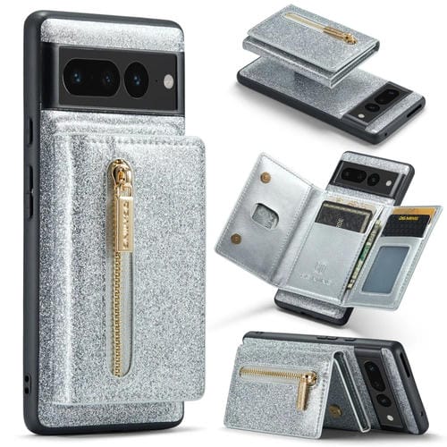 Funda de Cuero Dg.Ming M3 Series para Google Pixel 7 Pro con Glitter y Porta Tarjetas (Plata)