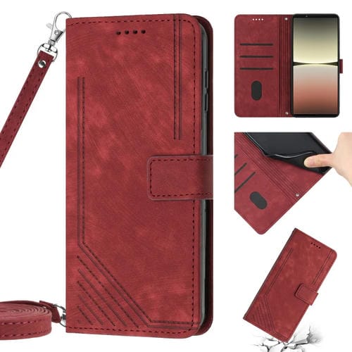 Funda de Cuero para Sony Xperia 1 IV con Cordón y Skin Feel Stripe (Rojo)