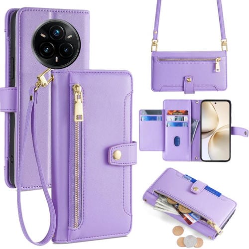 Funda de Cuero Tipo Cartera con Cremallera y Textura de Oveja para Realme 14 Pro+ 5G (Morada)