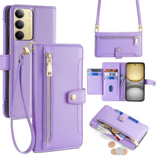 Funda de Cuero Tipo Cartera con Cremallera y Diseño de Oveja para Realme C75 4G / 14X 5G (Morado)