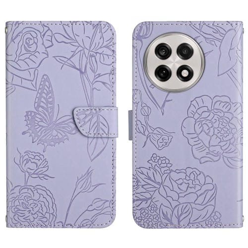 Funda de Piel con Relieve Peonía y Mariposa para OnePlus 13R (Morado)