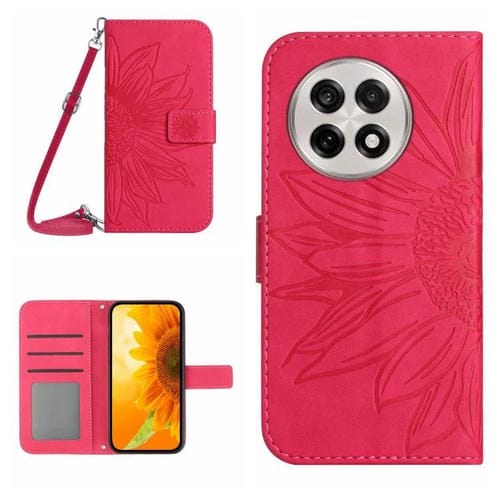 Funda de Piel con Relieve de Girasol para OnePlus 13R (Rosa y Rojo)