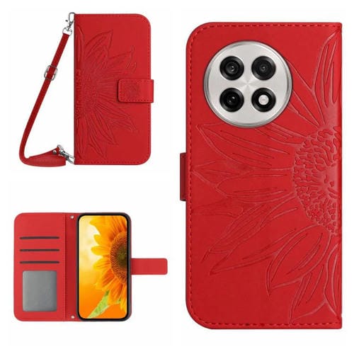 Funda de Piel con Relieve de Girasol para OnePlus 13R (Rojo)
