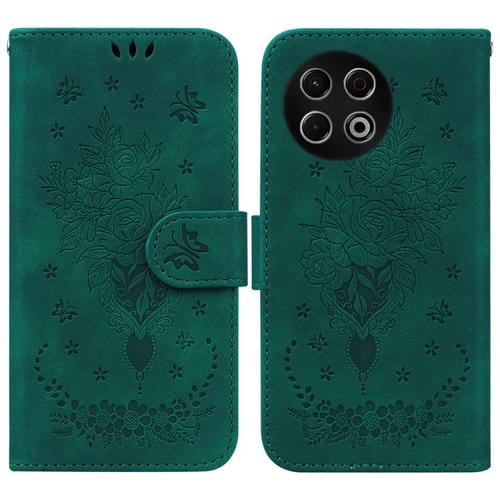 Funda de cuero con relieve de mariposa y rosa para Tecno Spark 30 Pro (verde)
