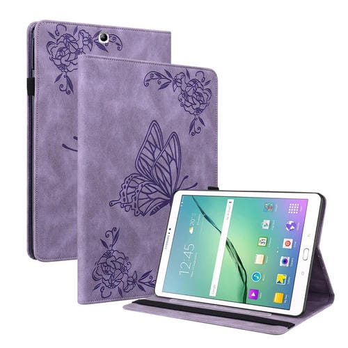 Funda para Tablet Samsung Galaxy Tab S2 9.7 T810 T815 Cuero Relieve Flor Mariposa (Púrpura)
