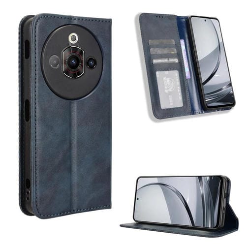 Funda de Cuero para ZTE Nubia Focus Pro 5G con Textura Retro y Hebilla Magnética (Azul)