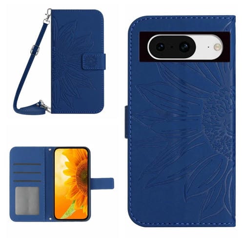 Funda para Google Pixel 8A Skin Feel Sun Flower de Cuero con Tapa en Relieve y Cordón (Azul Oscuro)