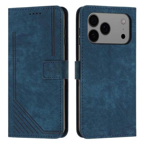 Funda de piel con estampado de rayas y cordón para iPhone 17 Pro Max (azul)